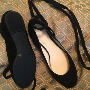 Black suede flats with ankle ties Sz8.5